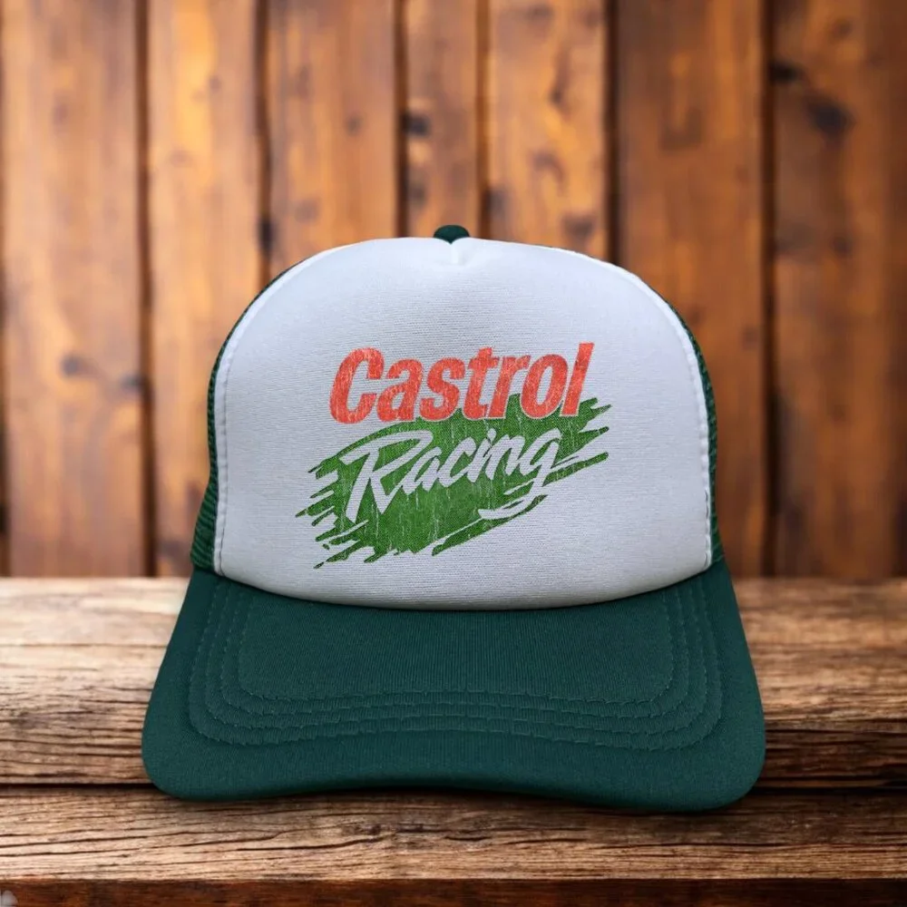 Castrol Racing Mens Trucker Hat Green Retro Motorsport Oil Nascar Baseball Cap